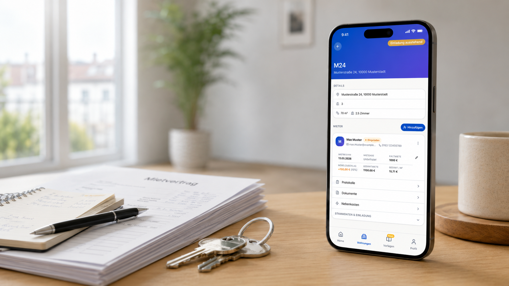 Untervermietung Mobile App: Wohnungsübersicht mit Mieter, Kaltmiete und Möbelzuschlag